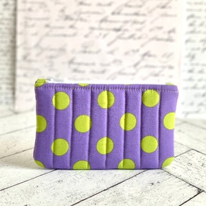 Quilted Coin Purse Purple and Green Polka Dot Cute Coin Pouch Change Purse Small Card Holder Zipper Pouch image 1