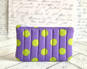 Porte-monnaie matelassé à pois violets et verts, jolie pochette à monnaie, porte-monnaie, petit porte-cartes, pochette à fermeture éclair