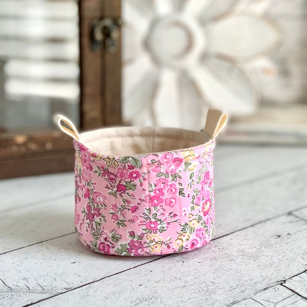 Small Quilted Fabric Cup Cute Pink Floral Little Fabric Basket Bucket