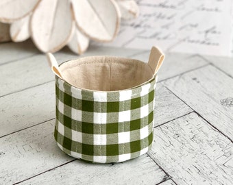 Small Fabric Cup Cute Quilted Green and White Plaid Little Fabric Basket Bucket