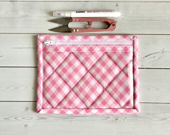 Small Vinyl Coin Purse Pink Gingham Window Zipper Pouch Card Holder