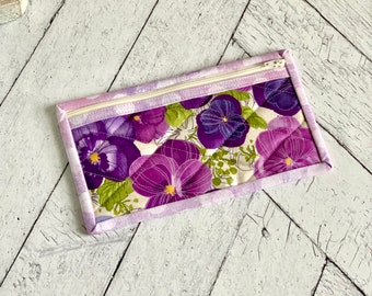 Medium Vinyl Pencil Case Purple Pansies Project Bag Vinyl Zipper Pouch Small Card Holder