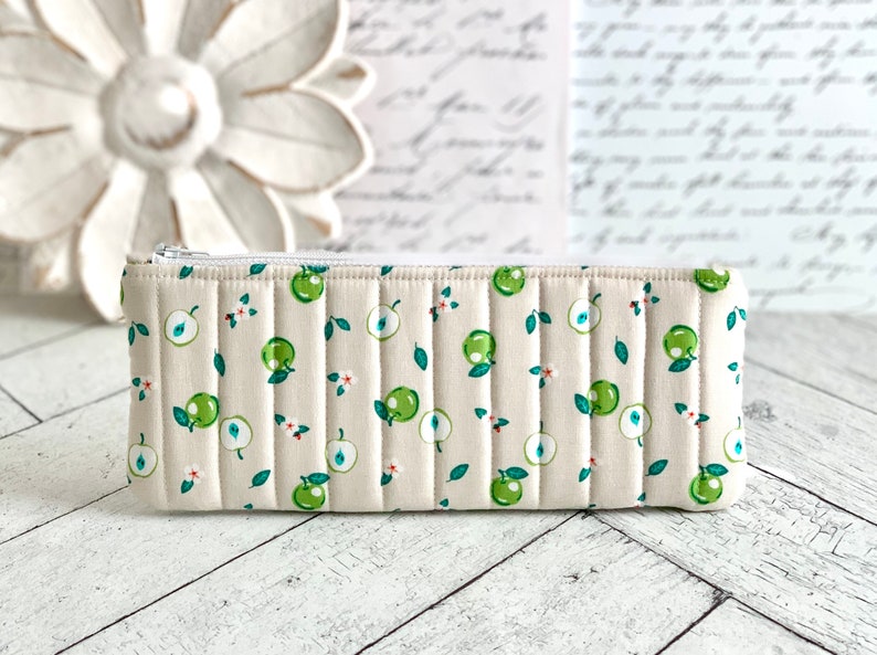 Quilted Pencil Case Green Apples Pencil Pouch Students Back to School image 2