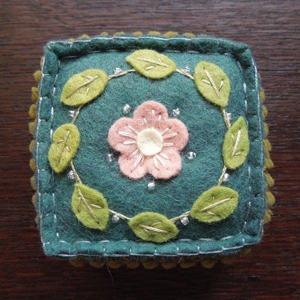 Embroidered Teal Green and Pink Wool Felt Pincushion