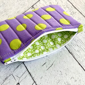 Quilted Coin Purse Purple and Green Polka Dot Cute Coin Pouch Change Purse Small Card Holder Zipper Pouch image 3