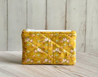 Flat Coin Purse Quilted Yellow Floral Pouch Change Purse Small Card Holder