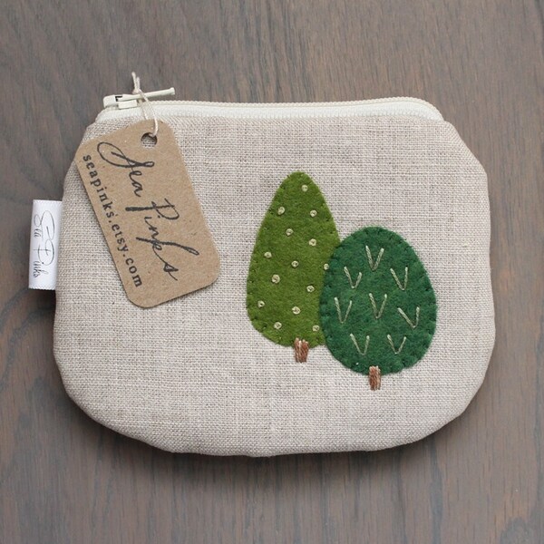 Embroidered Felt Trees on Linen Gift Card Credit Card Holder Zipper Pouch Coin Purse Wallet