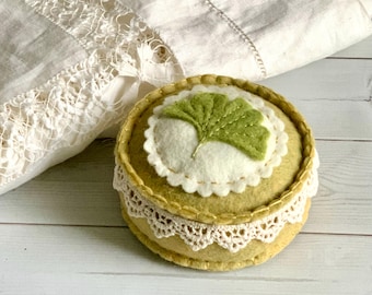 Wool Felt Pincushion Yellow and Green Ginkgo Leaf Handmade Pin Keep