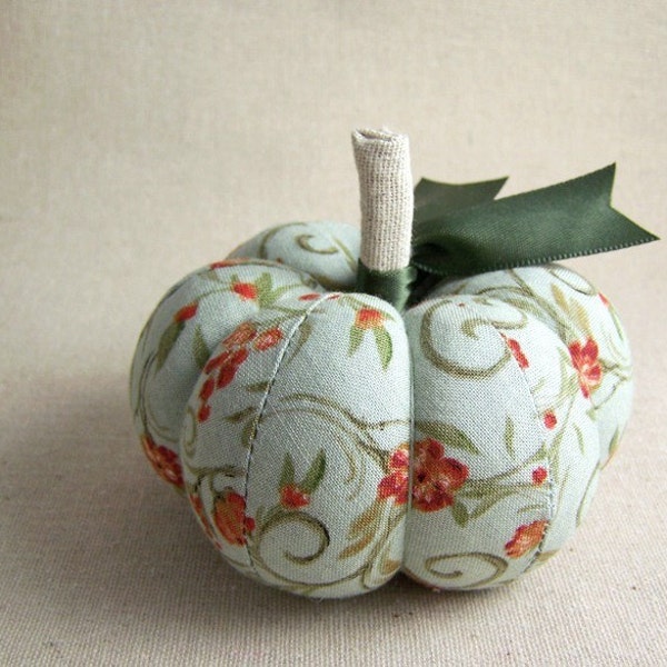 Sage Green and Orange Pumpkin Pincushion Floral Fall Decor