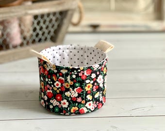 Small Fabric Cup Red and Black Floral Spring Little Basket Bucket