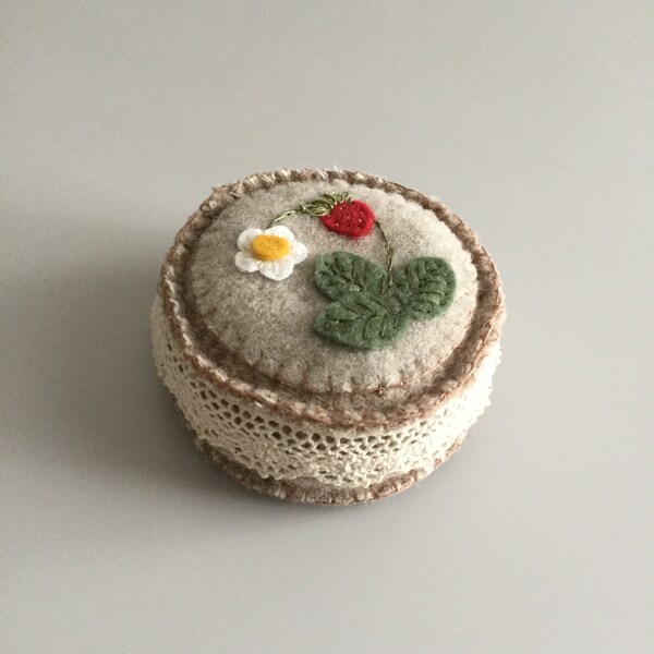 Wool Pincushion Red and Green Strawberry Felted Wool Pin Cushion