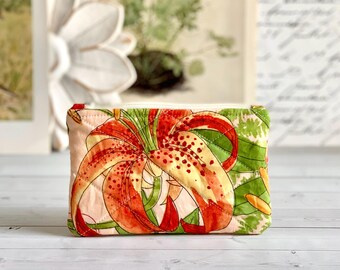 Flat Coin Purse Quilted Day Lily Floral Pouch Change Purse Small Card Holder