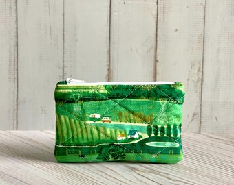 Flat Coin Purse Quilted Green Farmland Pouch Change Purse Small Card Holder