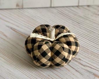 Pumpkin Pincushion Black and Tan Plaid Halloween Pumpkin