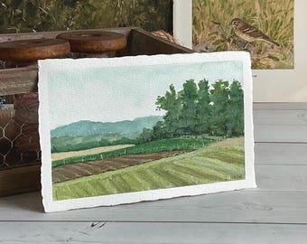 Farm Painting Original Art Pastoral Scene Gouache 6x4 Home Decor