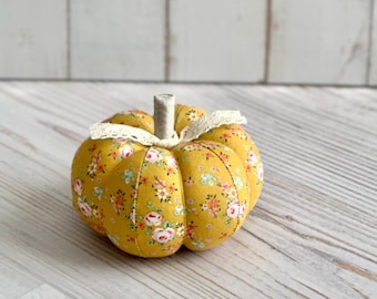 Pumpkin Pincushion Yellow and Pink Floral Pumpkin Decor Halloween