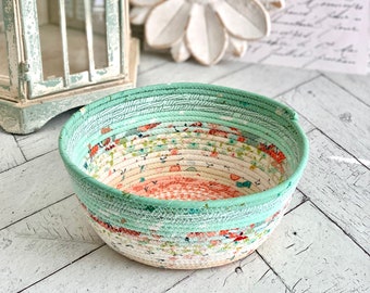 Rope Bowl Rope Basket red and Aqua Colorful Florals