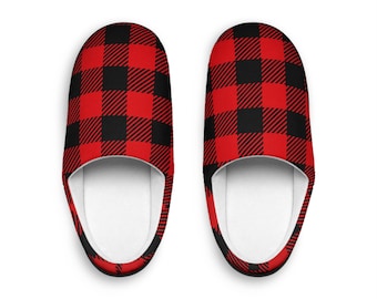 Pantuflas de interior a cuadros rojos y negros estilo búfalo / Zapatos cómodos para estar en casa