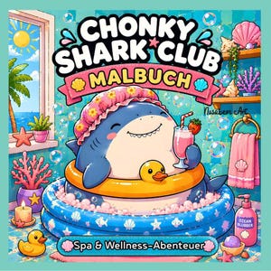 Könnte beinhalten: Eine Cartoon-Illustration eines blauen Hais in einer Badewanne, mit rosa Badekappe und orangefarbenem Schwimmring. Der Text "Chonky Shark Club Malbuch" und "Spa & Wellness-Abenteuer" ist enthalten.
