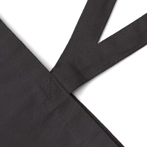 May include: Close-up of a black tote bag with two straps. The straps are sewn to the bag's body. The bag is made of a sturdy, textured fabric. The background is white.