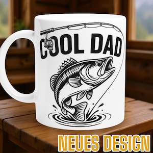 COOL DAD mug with fish and fishing rod – black and white design, gift for anglers, nature fans and fathers