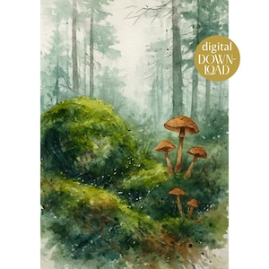 Könnte beinhalten: Aquarellmalerei einer Waldszene mit hohen Bäumen und einem moosbedeckten Hügel. Mehrere braune Pilze mit hellbraunen Kappen sind gruppiert. Das Bild hat ein digitales Download-Label.
