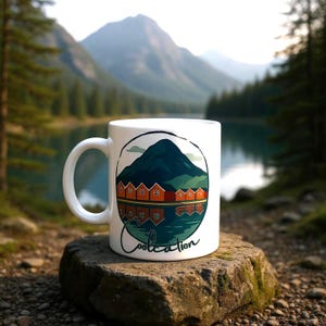 COOLCATION Fjord ceramic mug – Nordic escape with red fishermen&#39;s houses, mountain panorama, and water reflections | 325ml-11oz | Cool vacation