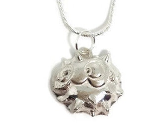 Puffer Fish fine silver pendant sea life necklace- sterling silver chain 999 925 hallmark