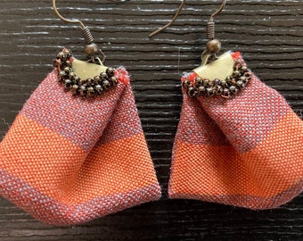 Kimono fabric Earrings | Orange , three season wool Kimono fabric , stripe