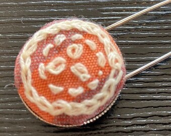 Kimono fabric Shawl Pin | Orange and red wool Kimono fabric, silver tone pin
