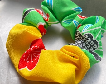 Kimono scrunchie, scrunchy, ponytail holder , vivid yellow and lime green , traditional musume design , Machi-musume