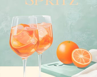 Aperol Spritz cocktail in an elegant glass with orange garnish Digital art print