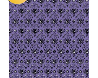 May include: A purple and black repeating pattern featuring a ghost face with white eyes. The pattern is a classic Halloween design.