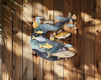 Escultura de pez de metal, colgante de pared de océano azul, decoración náutica para el hogar, arte de pared de metal 3D