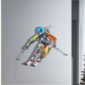 Colorful Ski Wall Art, Modern Skier Metal Decor, Action Sports Lover Gift, Bold Winter Home Accent, Handmade 3D  Athlete Artwork