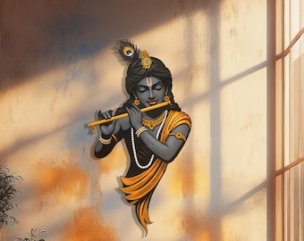 Colorful Krishna Metal Wall Sculpture, Hindu God Design Wall Art, Krishna Flute Spiritual Home Decor