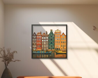 Colorful Amsterdam Canal Houses Metal Wall Decor, Dutch Cityscape Wall Art, Travel Wall Art