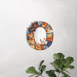 Whimsical Cat Mirror Wall Art, Oval Framed Kitty Décor, Colorful Handmade Cat Lover Gift,, Cute Animal Accent for Cozy Home Spaces