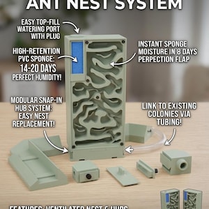 Könnte beinhalten: Ein modulares vertikales Ameisennest-System in Hellgrün. Das System umfasst ein Hauptnest, verschiedene Hubs und eine Eckbasis-Option. Zu den Merkmalen gehören ein Top-Fill-Wasseranschluss, ein PVC-Schwamm für die Feuchtigkeit und ein modulares Snap-in-Hub-System. Nestgröße: 10 x 20 cm.