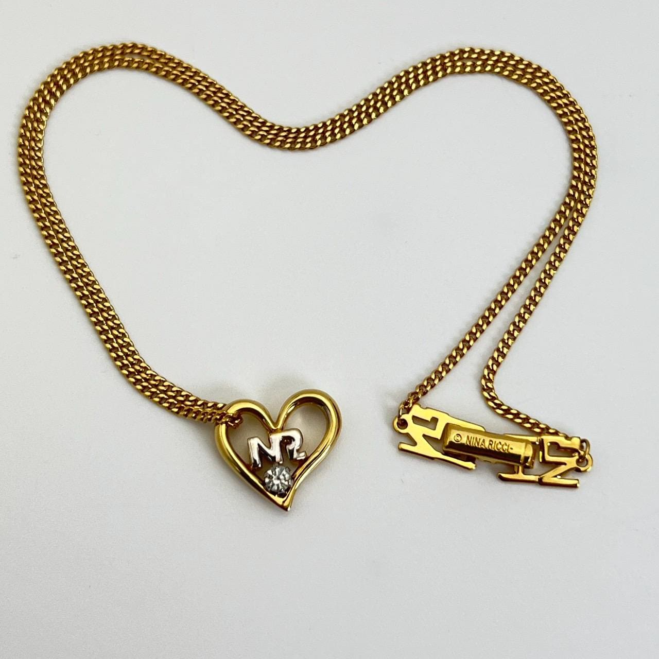 Vintage Nina Ricci Gold-tone Heart Pendant Necklace, Rhinestone NR