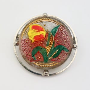 Broche vintage en verre tchèque - Motif floral artisanal, détails rouges, verts et dorés, bijoux de collection, épingle unique de style Art déco
