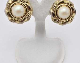 Vintage Signed Richelieu Clip-On Earrings, Gold-Tone Floral Design with Faux Pearl Center, Classic, Elegant Costume Jewelry, 1980s Style