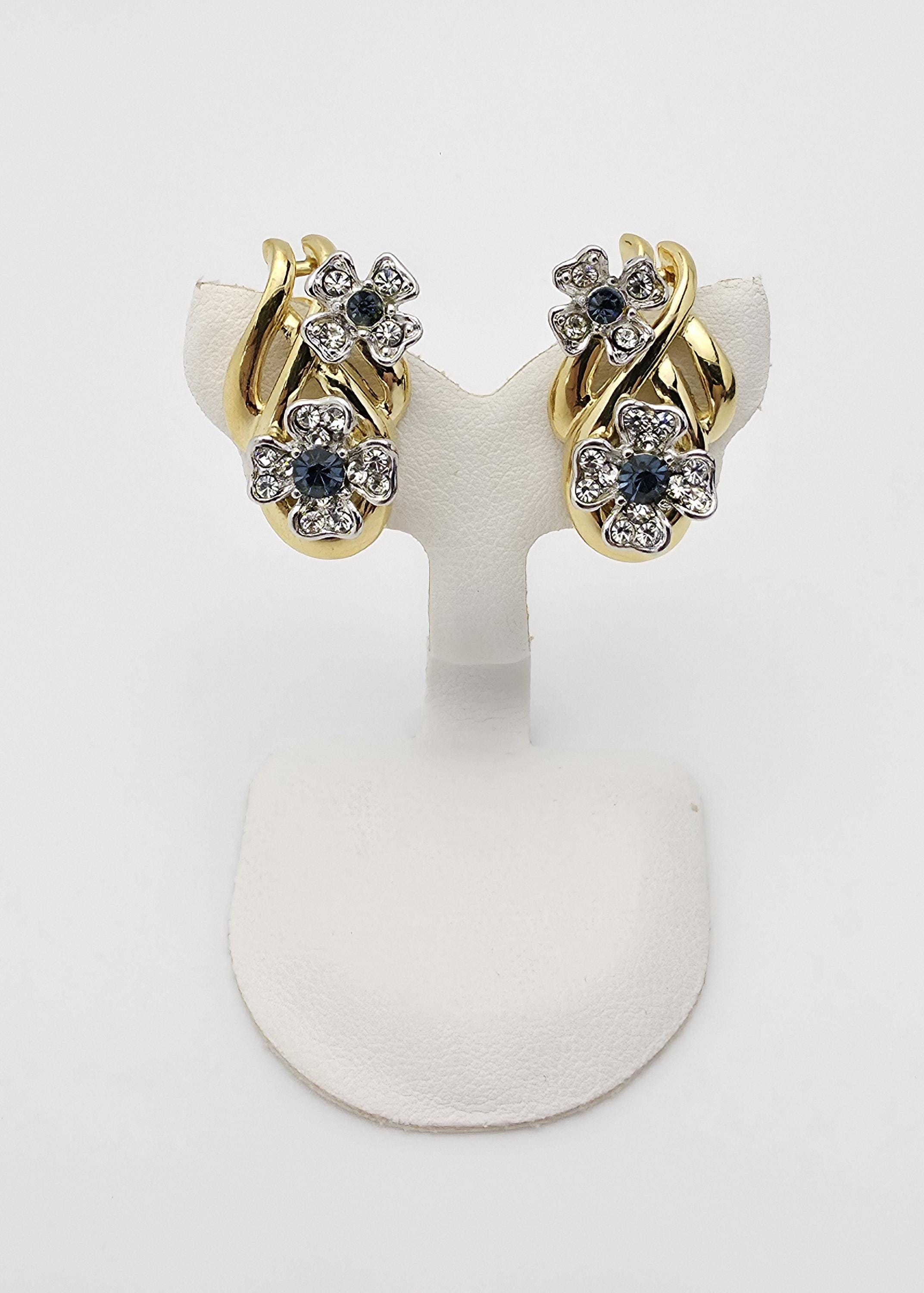 Signed Balmain Paris Vintage Clip-On Earrings Gold Tone Floral Design with Blue & Clear Rhinestones, Elegant Statement Jewelry