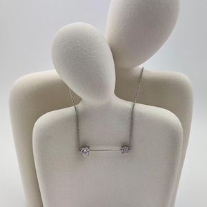 Signed Agatha Paris Vintage Necklace, Silver-Tone Bar Pendant with Two CZ Stones, Dainty and Elegant Jewelry