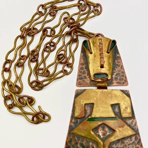 Signed Mexico Vintage Handmade Copper & Brass Tribal Pendant Necklace, Mid Century Modern, Geometric Ethnic Jewelry, Artisan Statement Piece