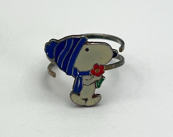 Vintage Snoopy Adjustable Ring - Signed 925 ©UFS, Enamel Design with Blue Hat & Flower, Collectible Peanuts Jewelry