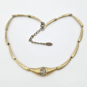 Signed Sphinx Vintage Gold-Tone Textured Necklace with Pave Rhinestone Accent, Elegant Adjustable Chain, Classic Mid-Century Jewelry