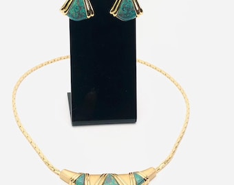Signed Avon Jewelry Set – Gold-Tone Earrings and Necklace with Turquoise Accents | Elegant Vintage Matching Set for Collectors & Gift Ideas