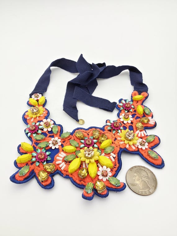 Signed J.Crew Statement Bib Necklace Vintage Flor… - image 2