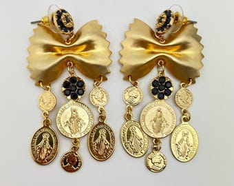 Vintage Gold-Tone Italian Bow Earrings with Religious Medal Charms and Black Gem Accents – Unique Statement Jewelry Design